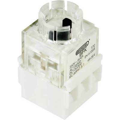 Obdélníkový, průhledný elektrický držák pojistky s technickými informacemi a logem výrobce na povrchu.