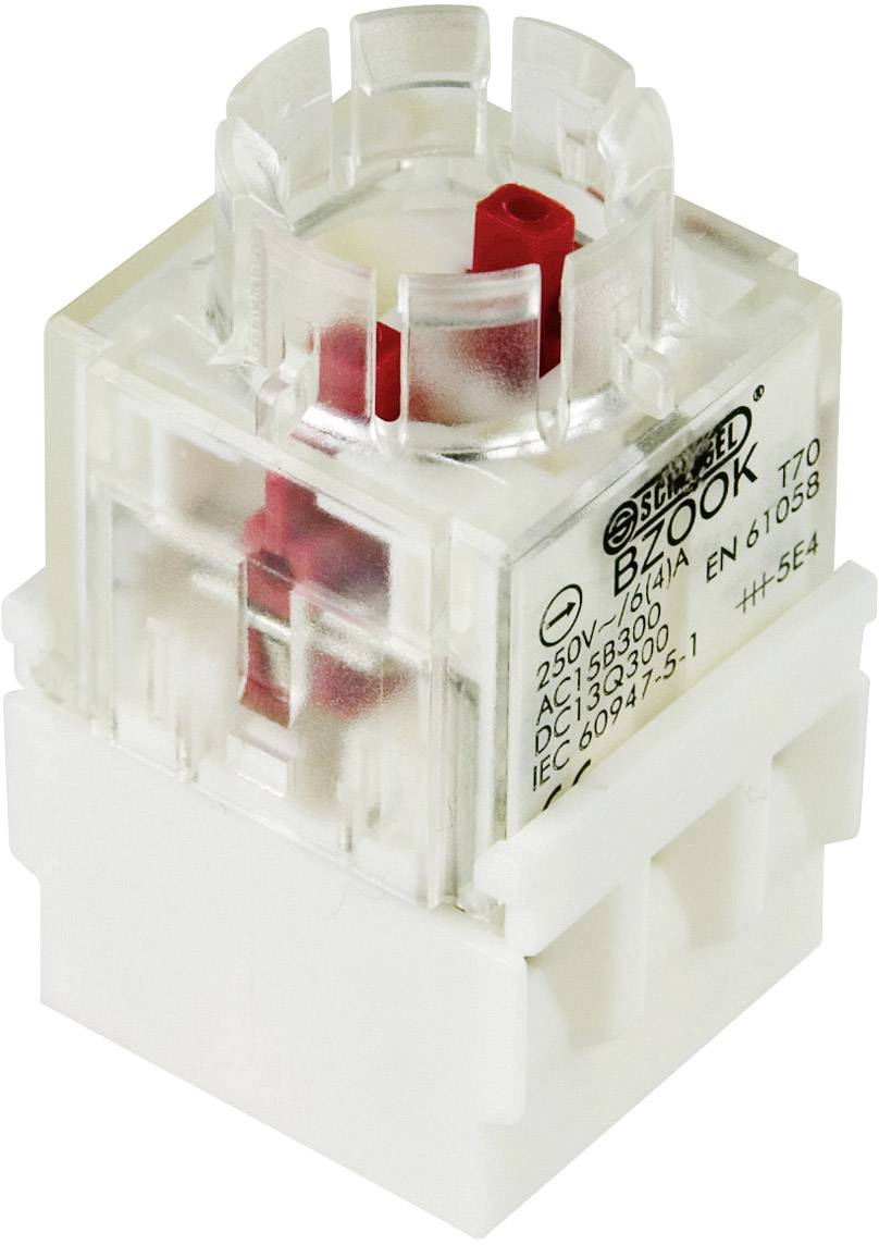 Průhledný elektrický spínač s červeným vnitřkem. Opatřen technickými specifikacemi: 250V, 16(4)A, EN 61058.