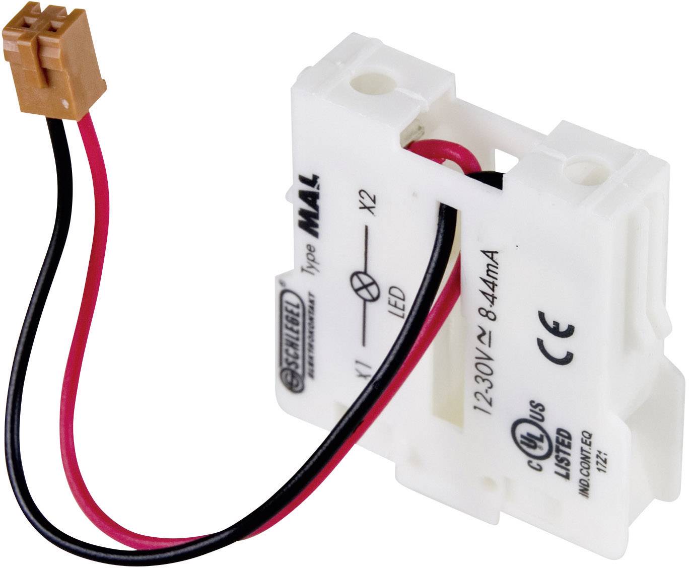 Elektronický modul s bílým pouzdrem, dvěma černými kabely a jedním červeným kabelem. Tisk na povrchu: '12-30V AC/DC, 8-44mA'. Viditelné označení CE.