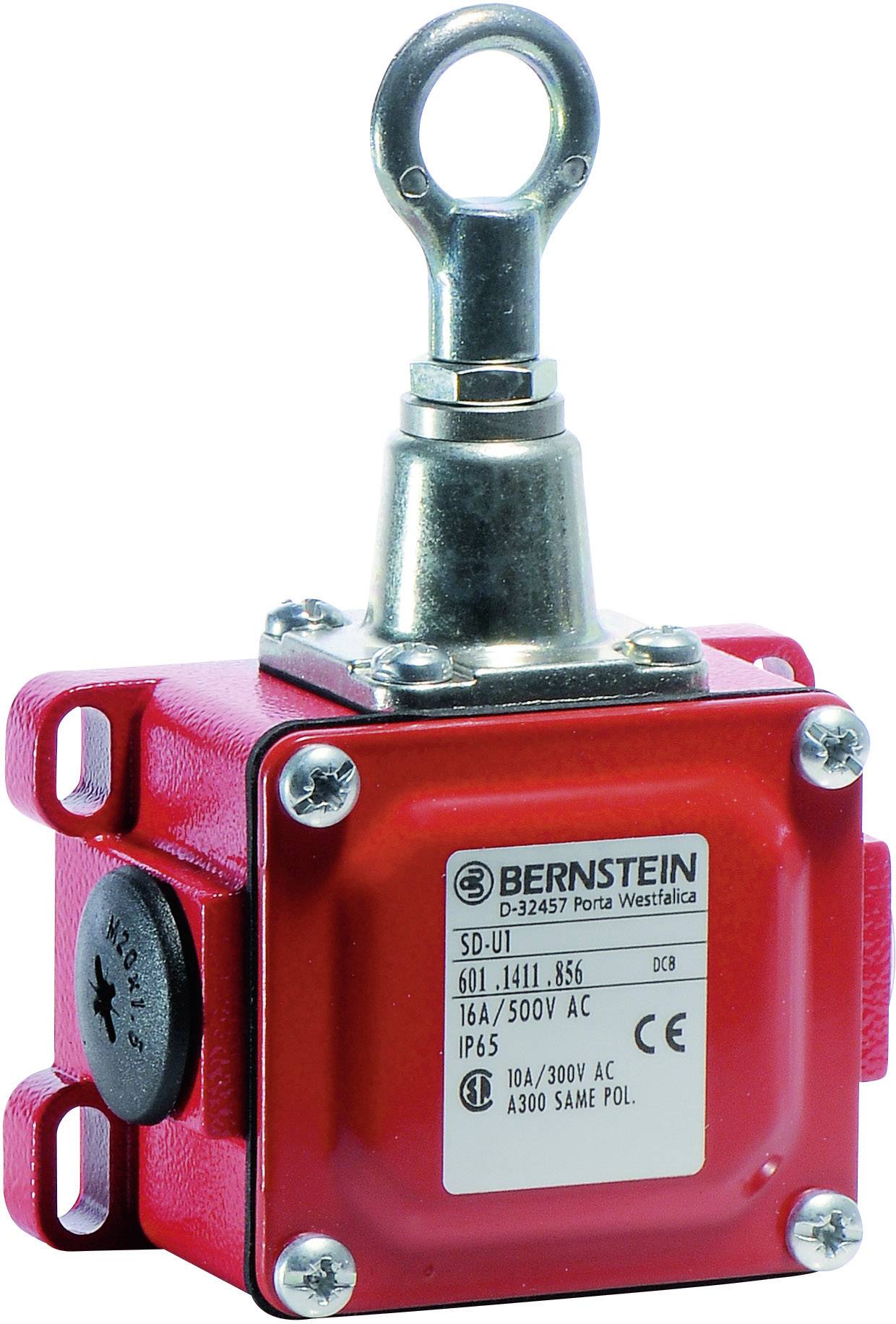 Červený bezpečnostní koncový spínač s pákovým ovladačem. Označení 'BERNSTEIN', jmenovité hodnoty: 16A/500V AC, stupeň krytí IP65, modelové číslo SD-U1.