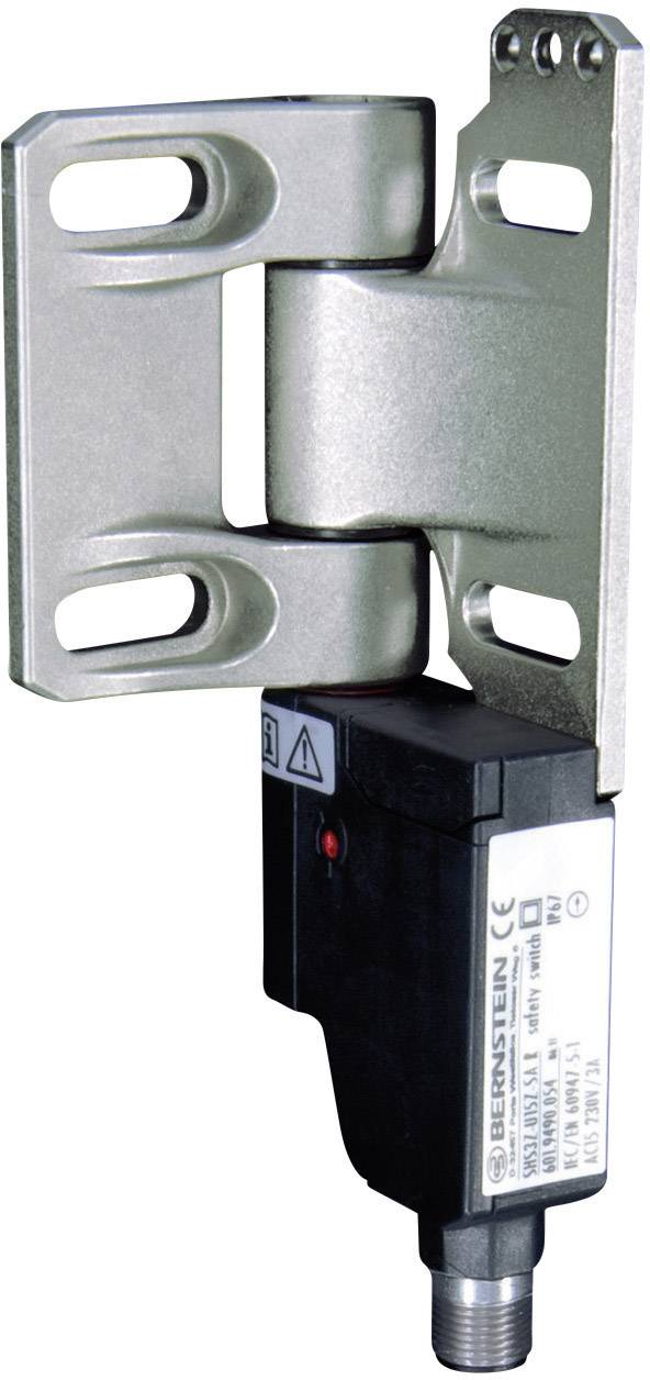 Kovový závěs s integrovaným elektrickým spínačem, často používaný v průmyslových aplikacích, zobrazený z bočního pohledu.