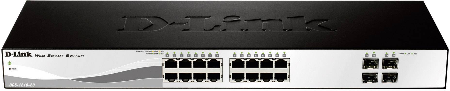 Síťový switch od D-Linku se 24 ethernetovými porty a čtyřmi dalšími rozhraními, vhodný pro firemní síťové aplikace.