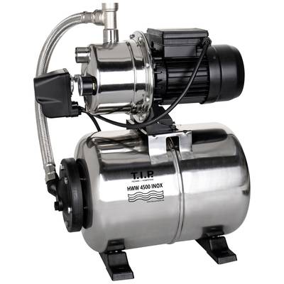 Nerezové čerpadlo s motorem a tlakovým zásobníkem na černém podstavci, model 'HWW 4500 INOX', vhodné pro zavlažování zahrady.