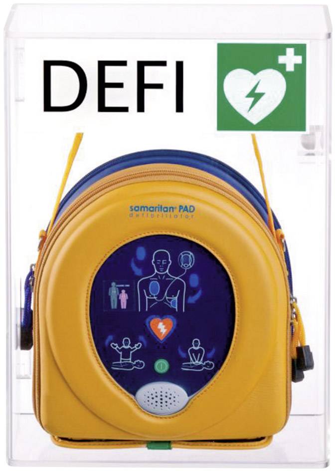Přenosný defibrilátor v průhledné schránce, s zeleným srdečním symbolem a bleskem. Nápis: 'DEFI'.