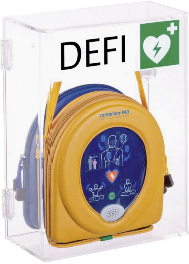 Defibrilátor v průhledné schránce s zeleným srdíčkovým symbolem a nápisem 'DEFI', připravený k použití v naléhavých situacích.