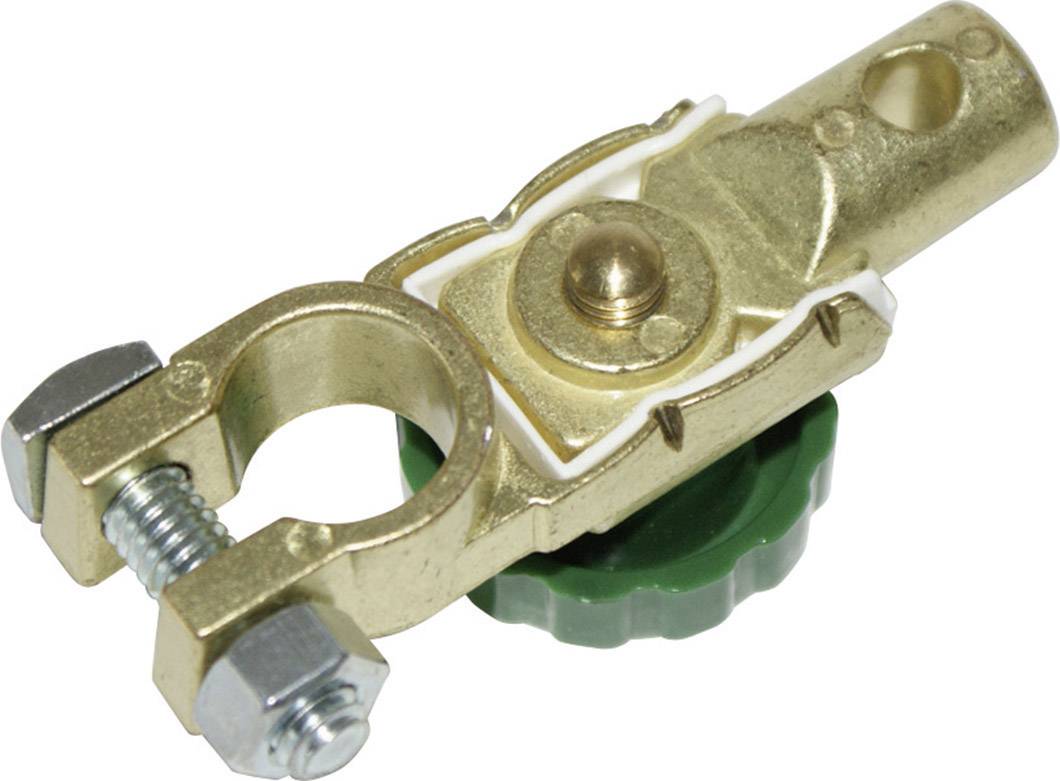 Zlatý připojovací konektor baterie se zeleným otočným knoflíkem, který se používá k rychlému odpojení bateriových kabelů.