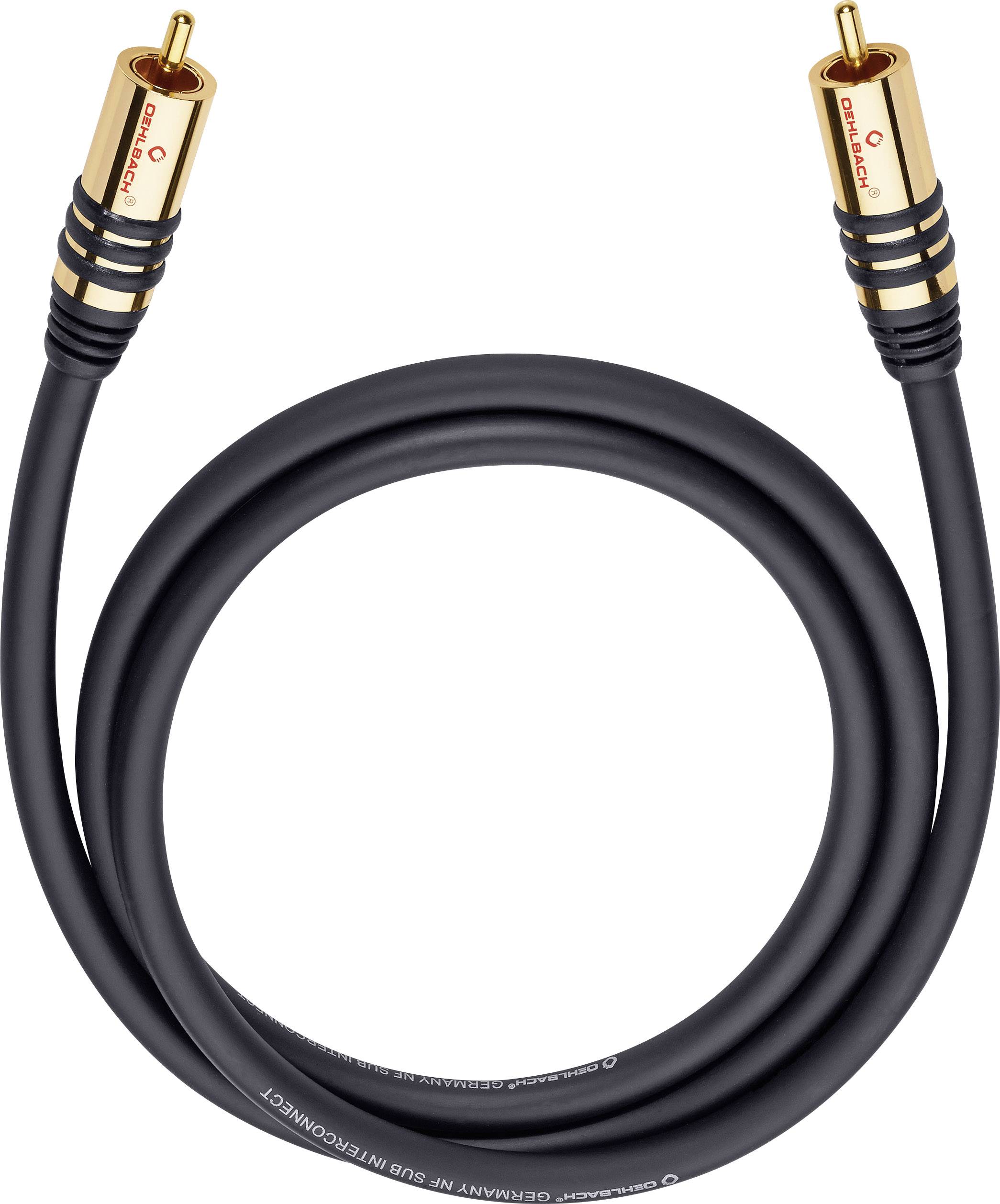 Černý RCA audiokabel se zlatými konektory, znázorněný v navinutém stavu.