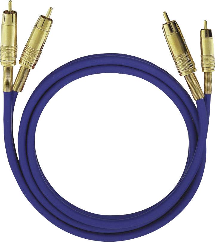 Modrý audio kabel se dvěma zlatými RCA konektory na každém konci, určený pro propojení audio komponentů.