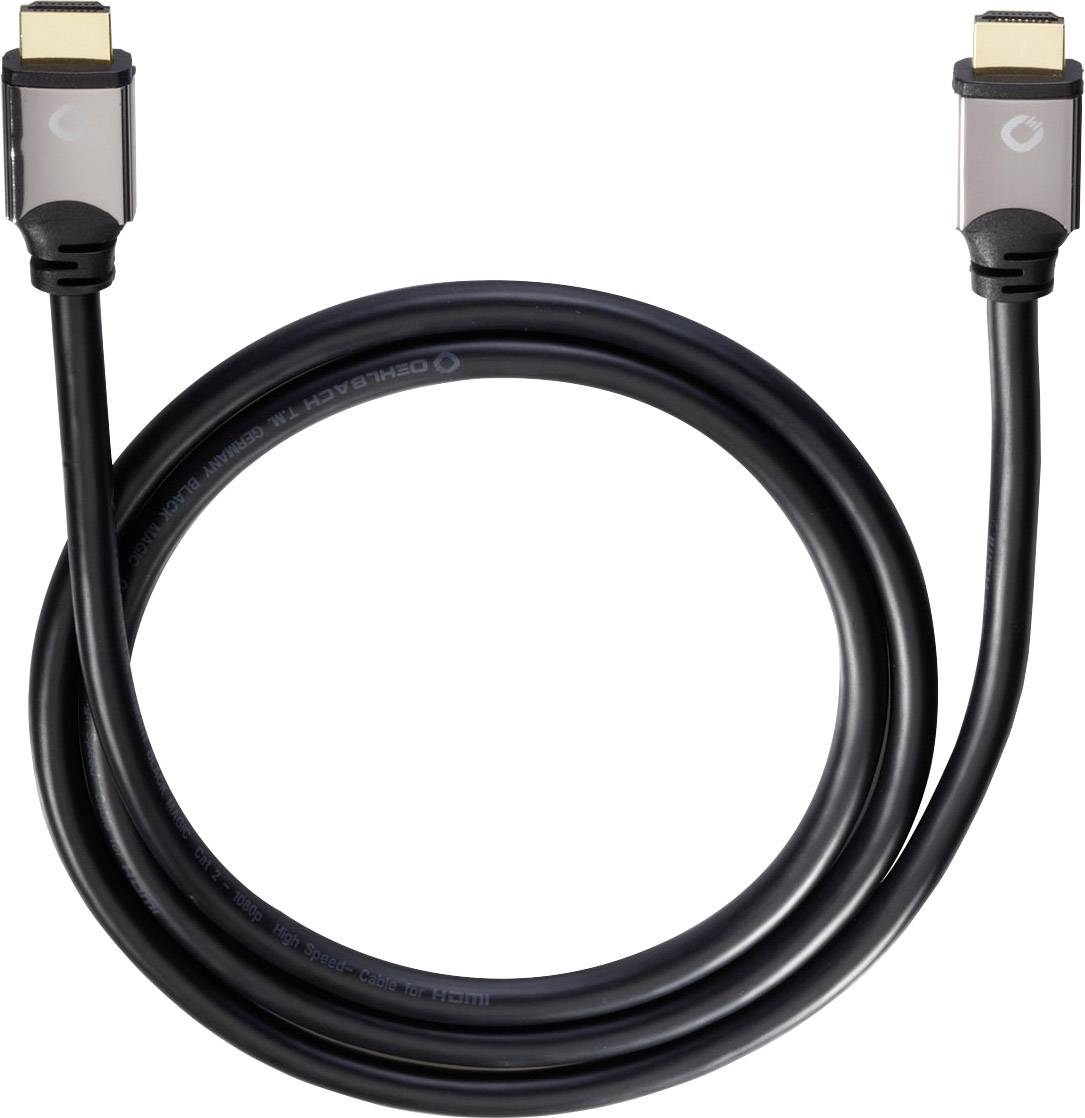 Černý HDMI kabel se dvěma konektory.