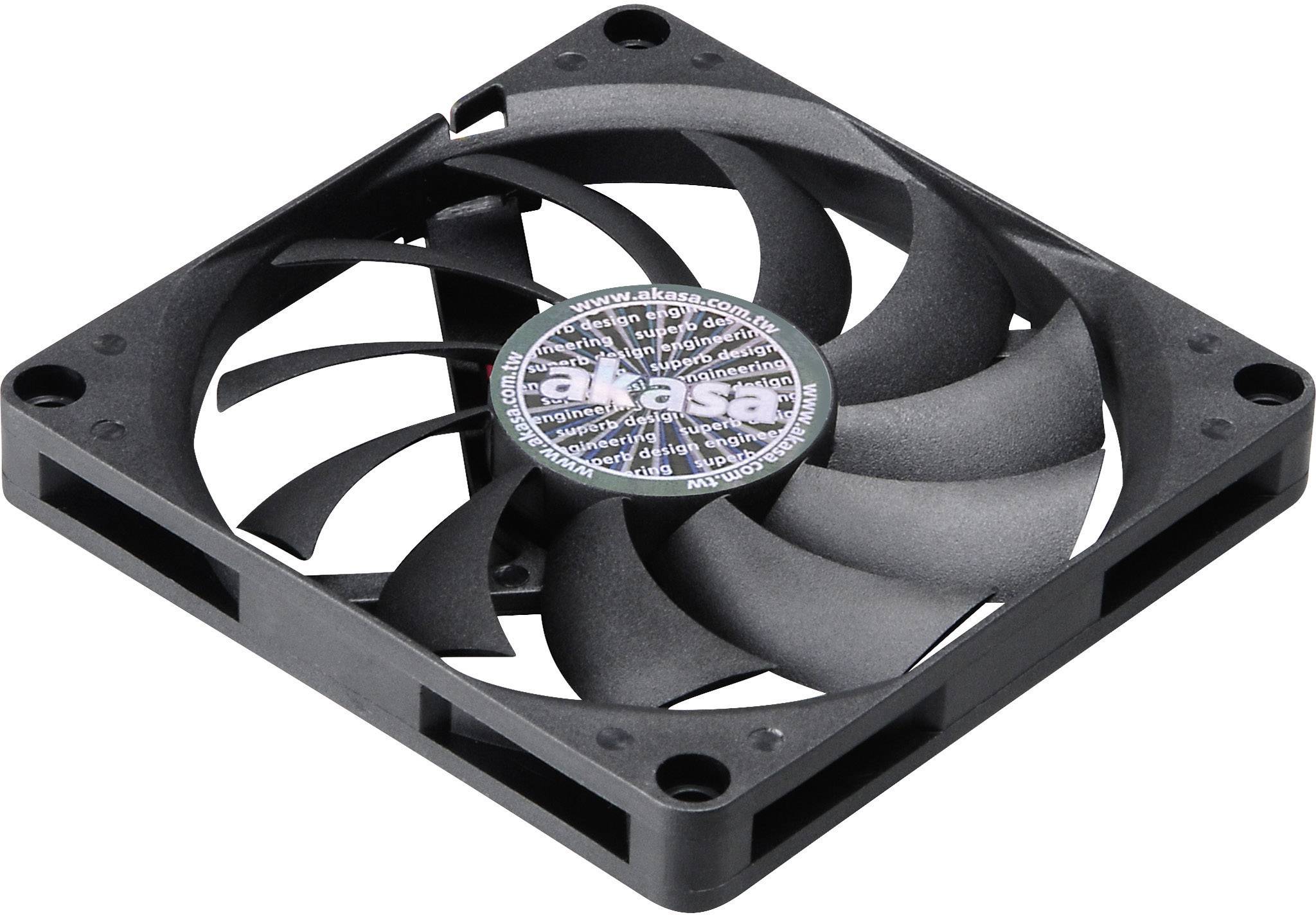 Černý plastový počítačový ventilátor s několika lopatkami umístěný v čtvercovém rámu, pohled shora.