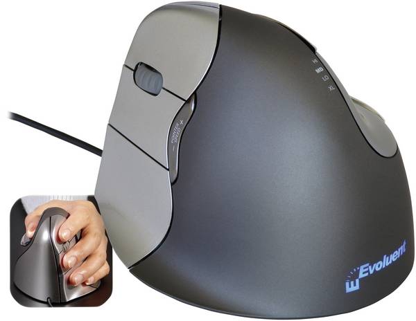 Evoluent Vertical Mouse 4 VM4L optická ergonomická myš, přenos USB, 6 tlačítko, 2800 dpi, šedá, stříbrná
