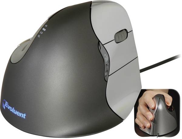 Evoluent Vertical Mouse 4 VM4R optická ergonomická myš, přenos USB, 6 tlačítko, 2800 dpi, černá, stříbrná