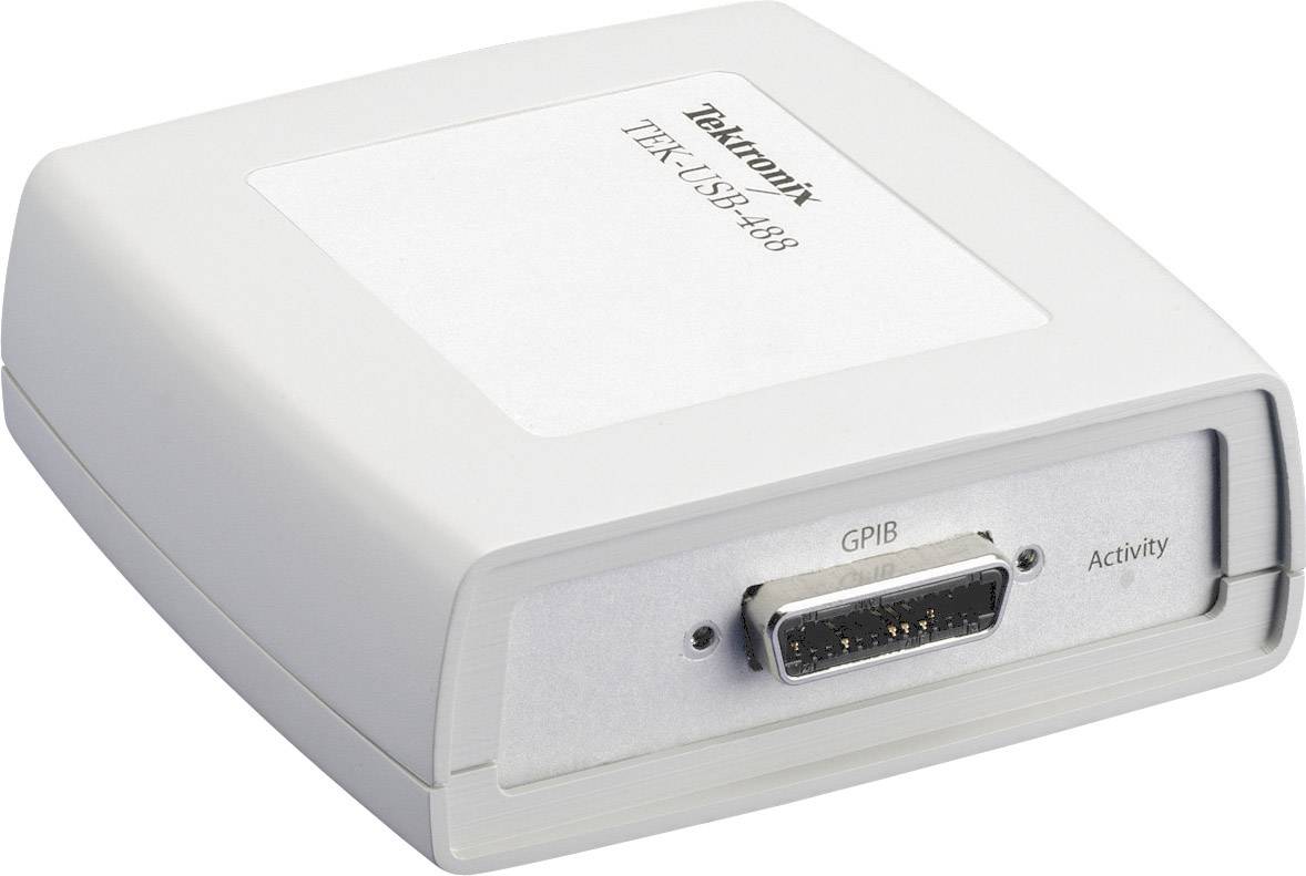 Obdélníkový adaptér s nápisem 'Tektronix TEK-USB-488', s rozhraním GPIB a indikátorem aktivity na přední straně.