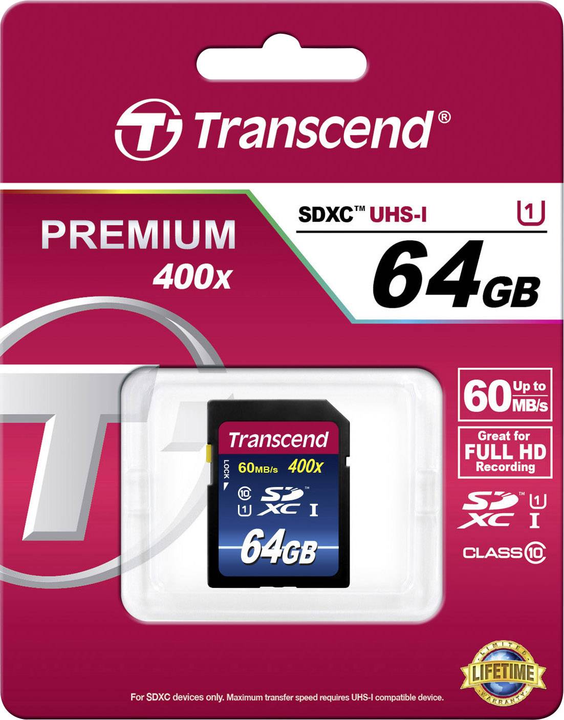Paměťová karta Transcend, model SDXC UHS-I, 64GB, vhodná pro nahrávání Full HD, rychlost čtení/zápisu až 60 MB/s.