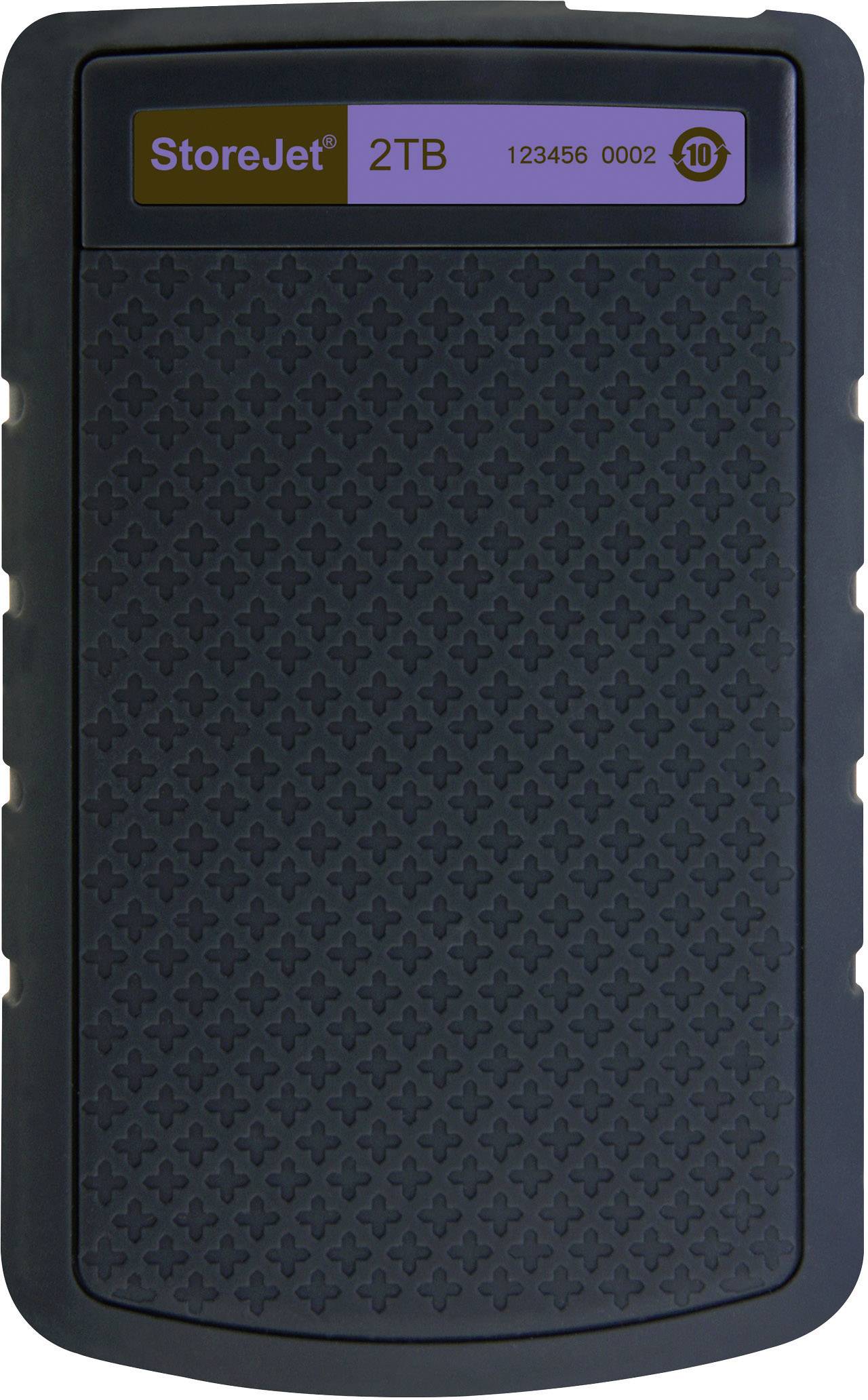 Externí pevný disk s nápisem 'StoreJet 2TB', černý, strukturovaný povrch.