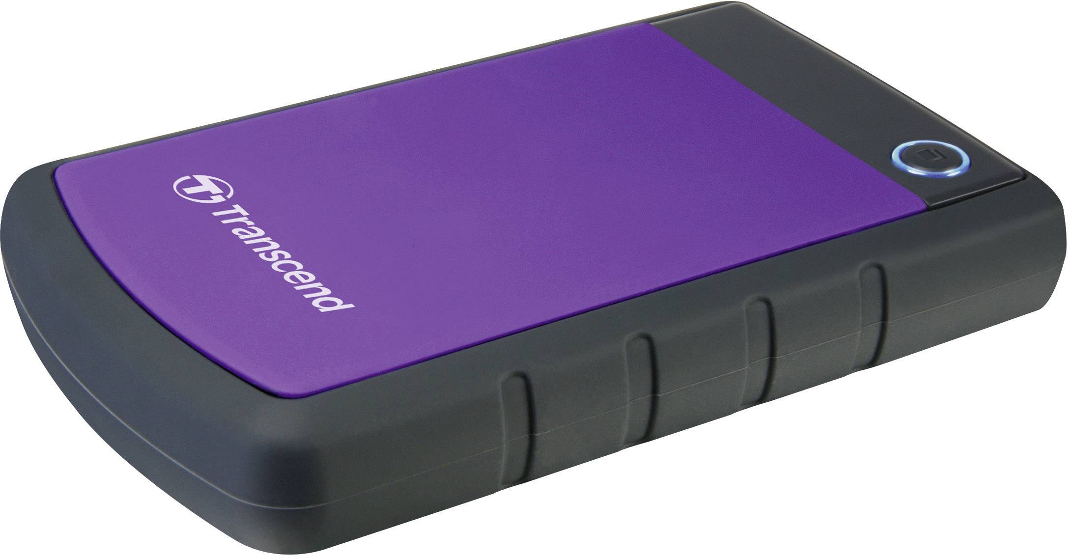 Externí pevný disk v lilkové a černé barvě s logem Transcend, robustní design a štíhlý tvar, vhodný pro zálohování a ukládání dat.