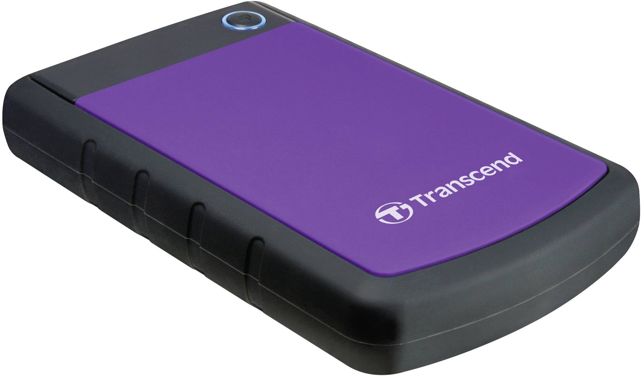 Černý a fialový externí pevný disk s logem 'Transcend' na přední straně.
