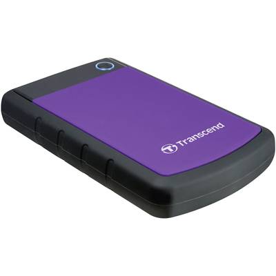 Černý a fialový externí pevný disk s logem 'Transcend' na přední straně.
