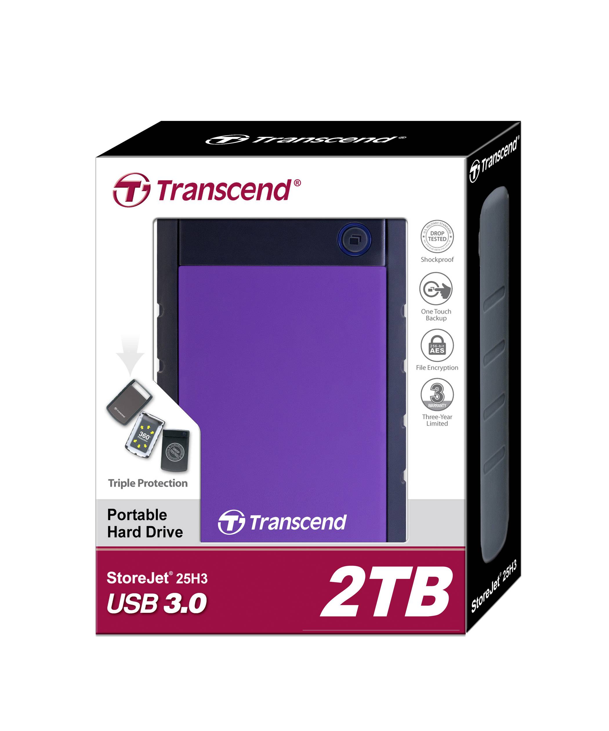 Transcend přenosný externí hard disk, 2TB, USB 3.0. Na obrázku je zobrazeno balení s externím diskem, se zaměřením na kapacitu úložiště a typ připojení.