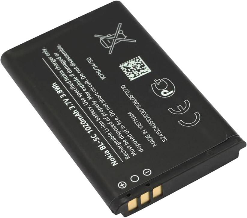 Černý akumulátor mobilního telefonu s potiskem 'Nokia BL-5J, 3.7V, 1020mAh'. Obsahuje symboly pro recyklaci a bezpečnostní pokyny.
