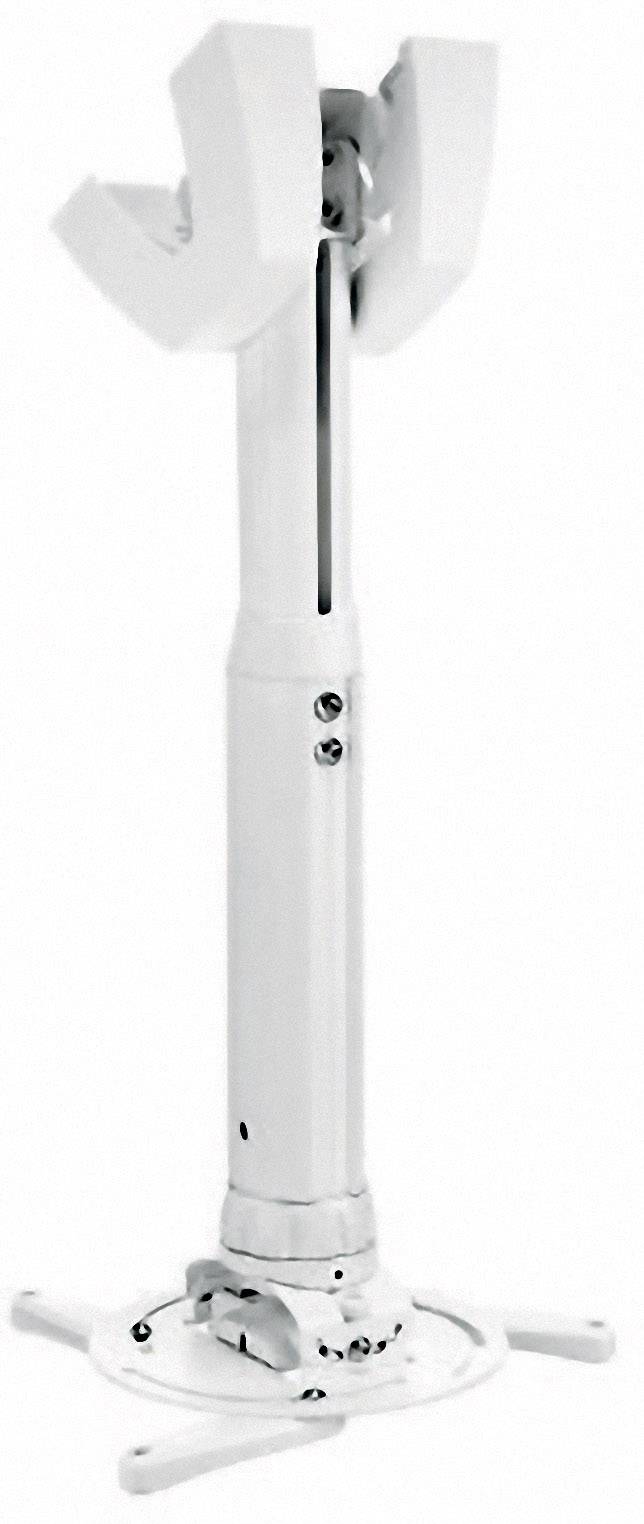 Bílý stropní držák pro dataprojektor nebo projektor, s nastavitelnými rameny a stabilní základnou, vhodný pro různé instalace.