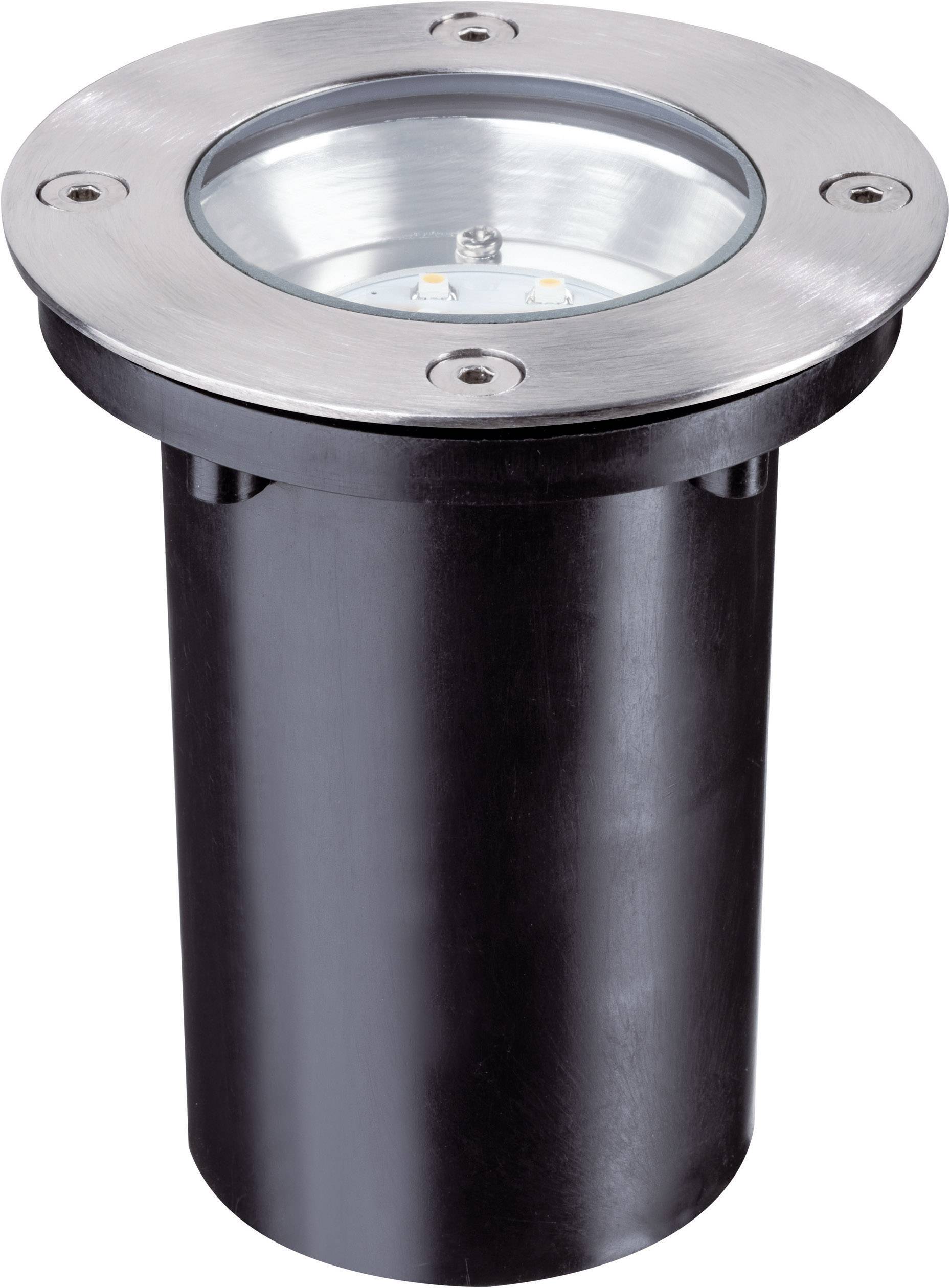 Kulatý černý podomítkový reflektor s lemem z nerezové oceli a skleněným krytem.