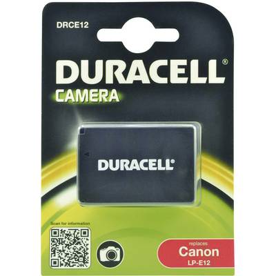 Baterie Duracell pro fotoaparát Canon LP-E12, model DRCE12, zobrazená v obalu. Obal obsahuje QR kód a ikonu fotoaparátu.