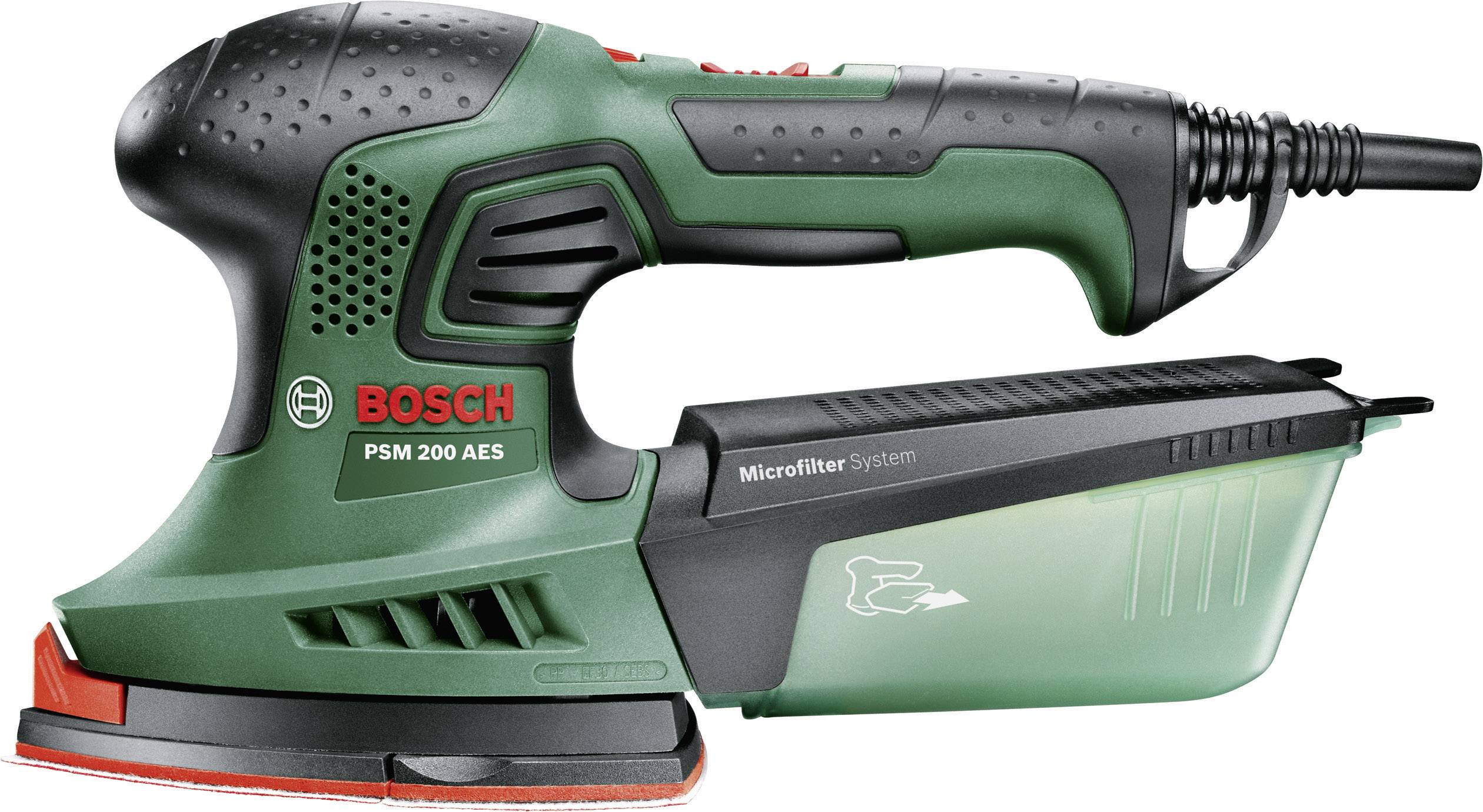Zelená bruska Bosch PSM 200 AES s ergonomickou rukojetí a integrovaným mikrofiltrační systémem.