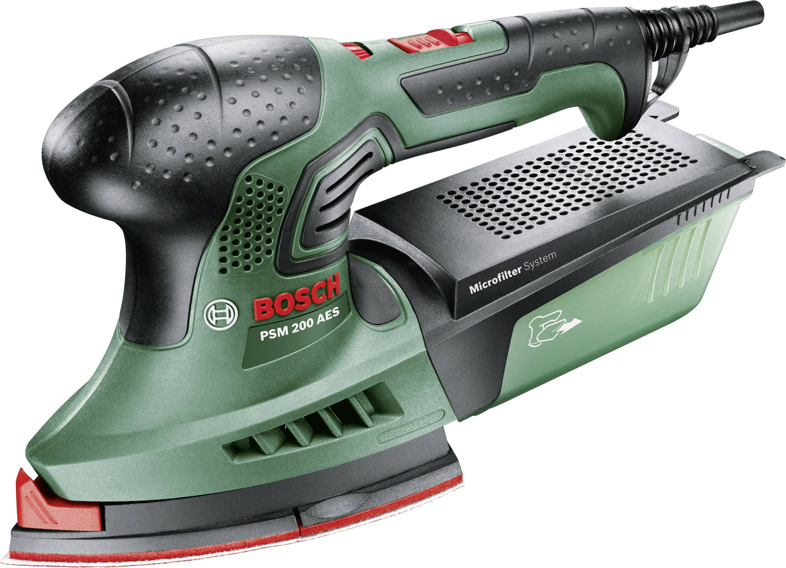 Zelený, ergonomicky tvarovaný Bosch PSM 200 AES MultiBrúska s integrovaným mikrofiltrační systémem. Ideální pro přesné broušení.