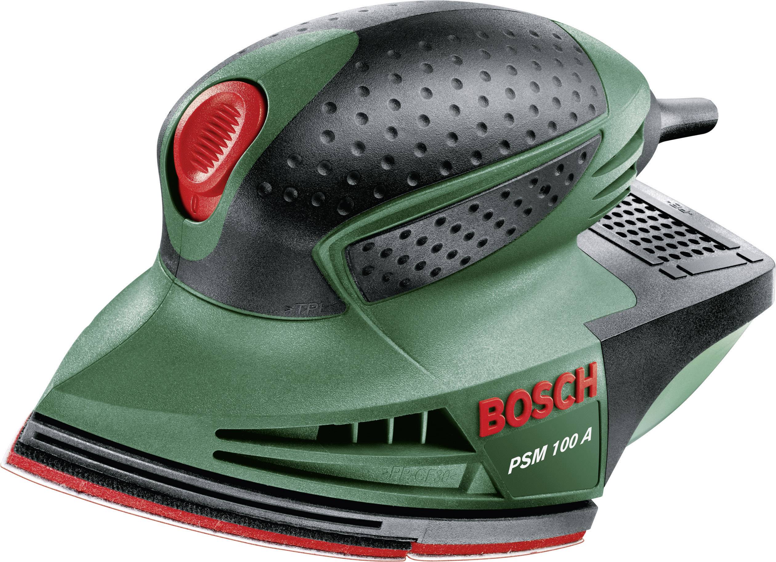 Obrázek zobrazuje brusku Bosch PSM 100 A, elektrické brusné zařízení v zelené a černé barvě, vhodné pro jemné broušení.