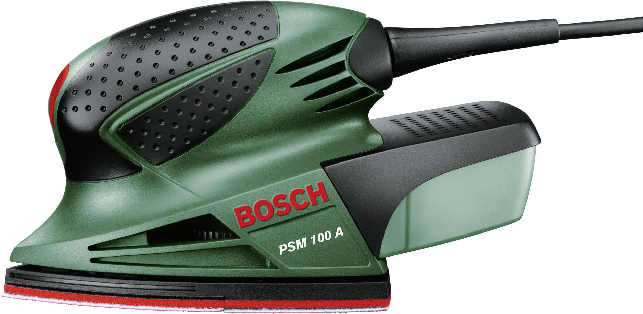 Zelená bruska Bosch PSM 100 A s ergonomickou rukojetí a červeným nápisem, vhodná pro broušení dřevěných povrchů.