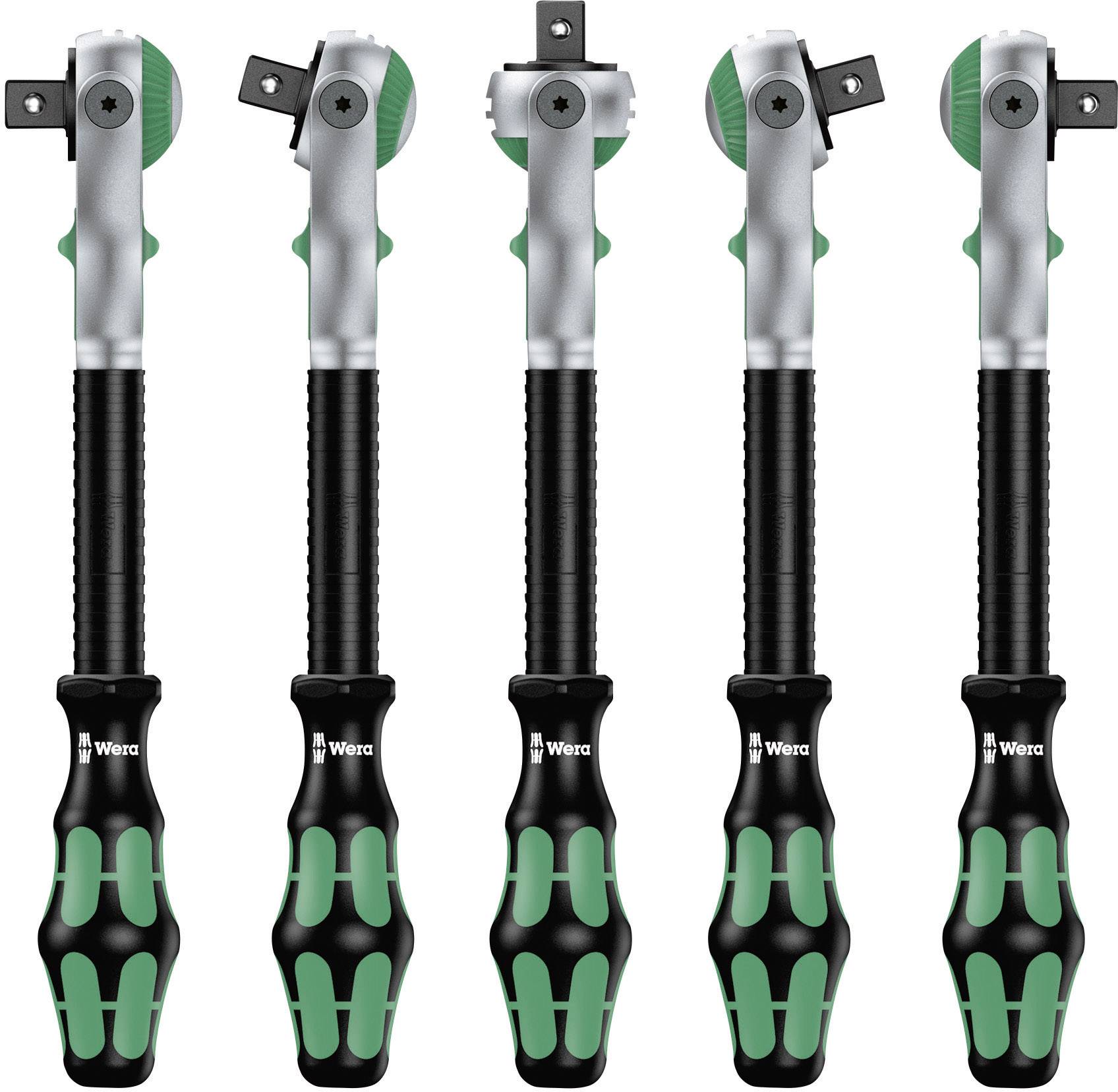 Pět ráčen s ergonomickými rukojeťmi v zelené a černé barvě od značky Wera, postavených vedle sebe.
