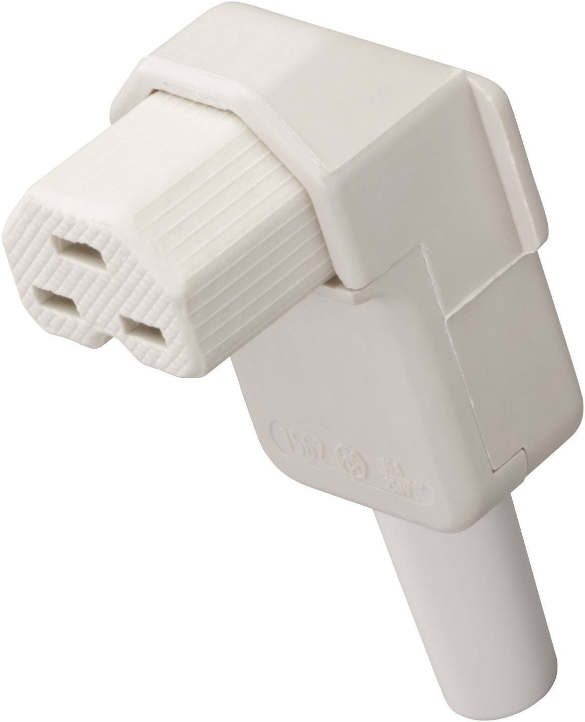 Bílá elektrická zástrčka s úhlovým provedením a trojúhelníkovým uspořádáním zásuvek, která se často používá pro speciální technické aplikace.