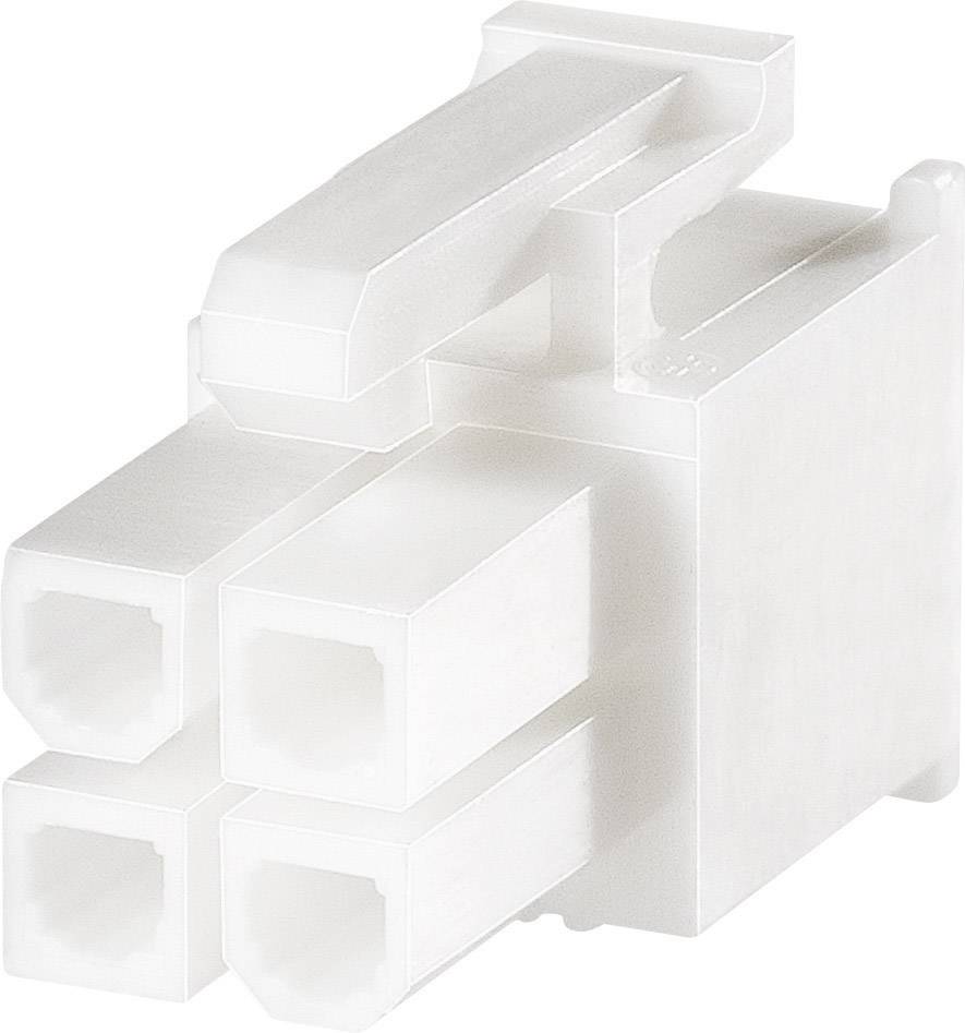 Bílý plastový konektor se čtyřmi obdélníkovými výstupy a klipem pro upevnění k elektrickému zařízení.