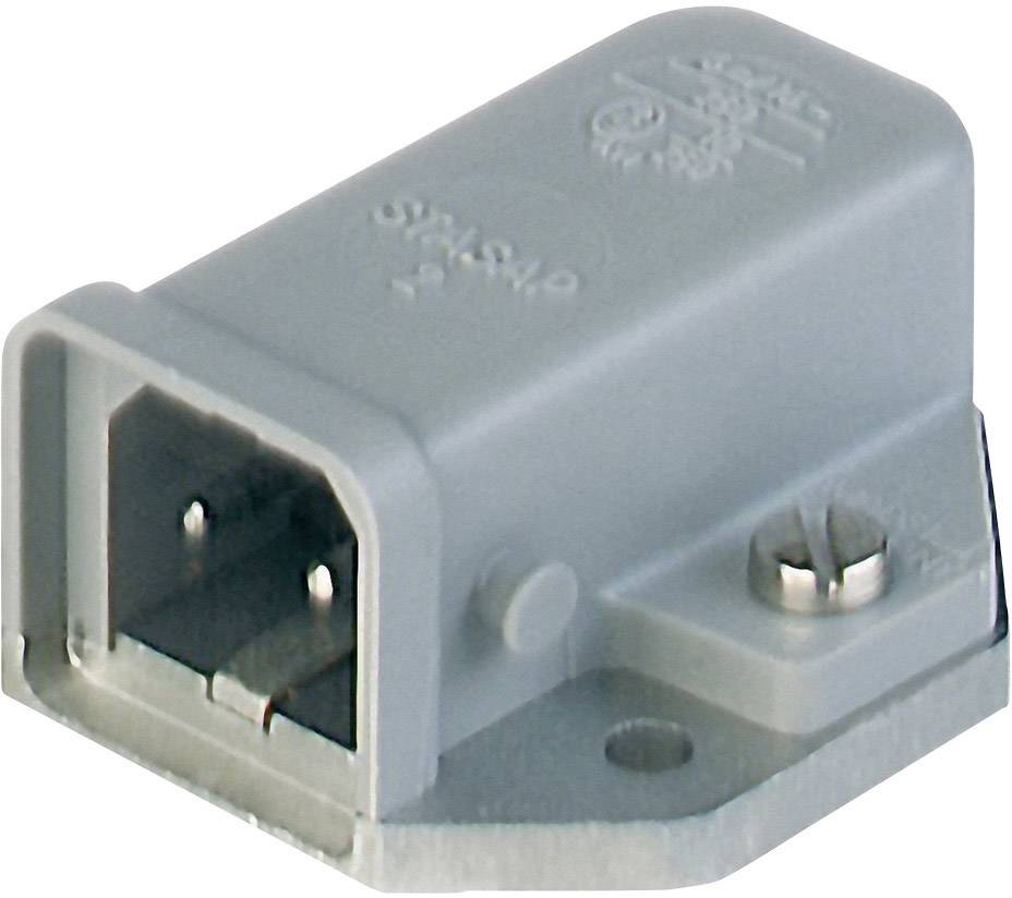 Šedý elektrický konektor obdélníkového tvaru se šroubem na jedné straně, používaný pro bezpečné propojení kabelů.