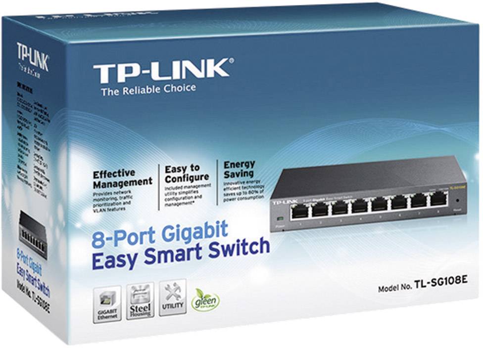 Obal TP-Link 8-portového gigabitového Easy Smart switche zobrazuje obrázek produktu a hlavní charakteristiky jako 'Efektivní správa', 'Úspora energie'. Číslo modelu TL-SG108E.