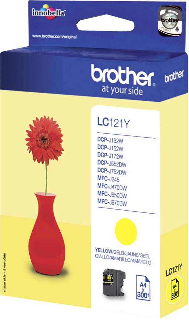 Balení inkoustové cartridge Brother LC121Y s žlutým květem v červené váze, vhodné pro různé tiskárny Brother, kapacita 300 stran.