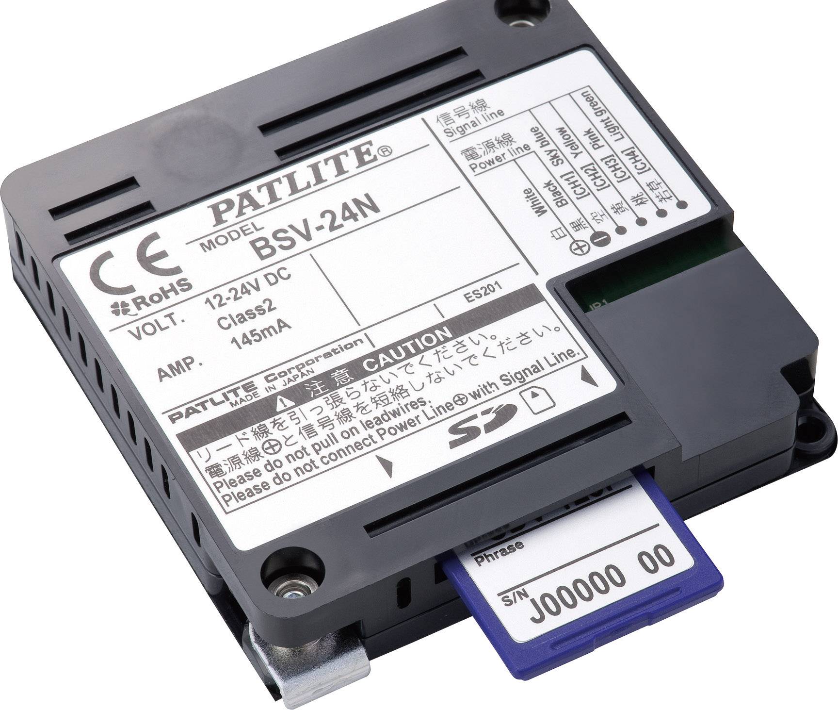 Obdélníkový elektrický prvek označený 'PATLITE BSV-24N' s označením CE. Do zařízení je zasunutá modrá paměťová karta.