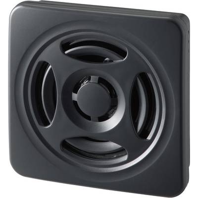Čtvercový černý ventilátor s kruhovými otvory, používaný pro větrání v technických zařízeních nebo prostorách.