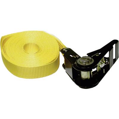 Žlutý upínací popruh s ráčnovým mechanismem pro bezpečné upevnění nebo zajištění nákladu.