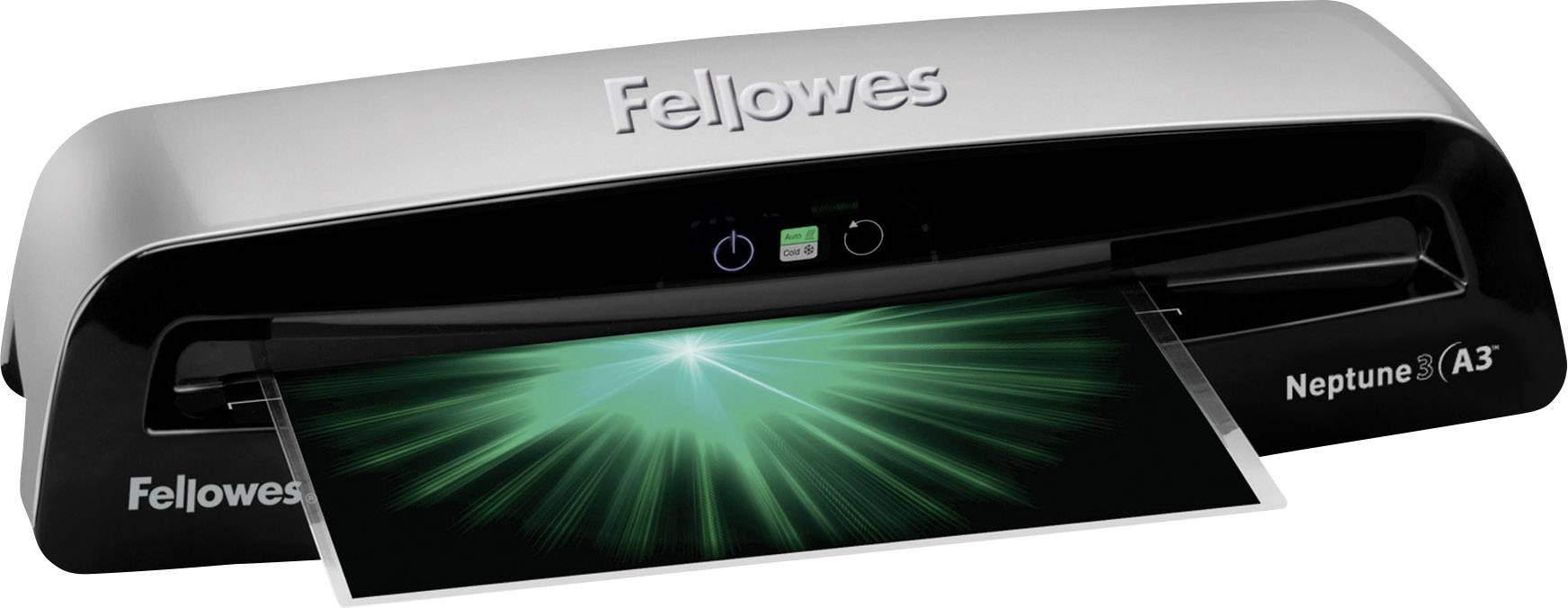 Laminátor Fellowes Neptune 3 A3 v černostříbrné barvě laminuje list s zeleným paprskovitým vzorem.