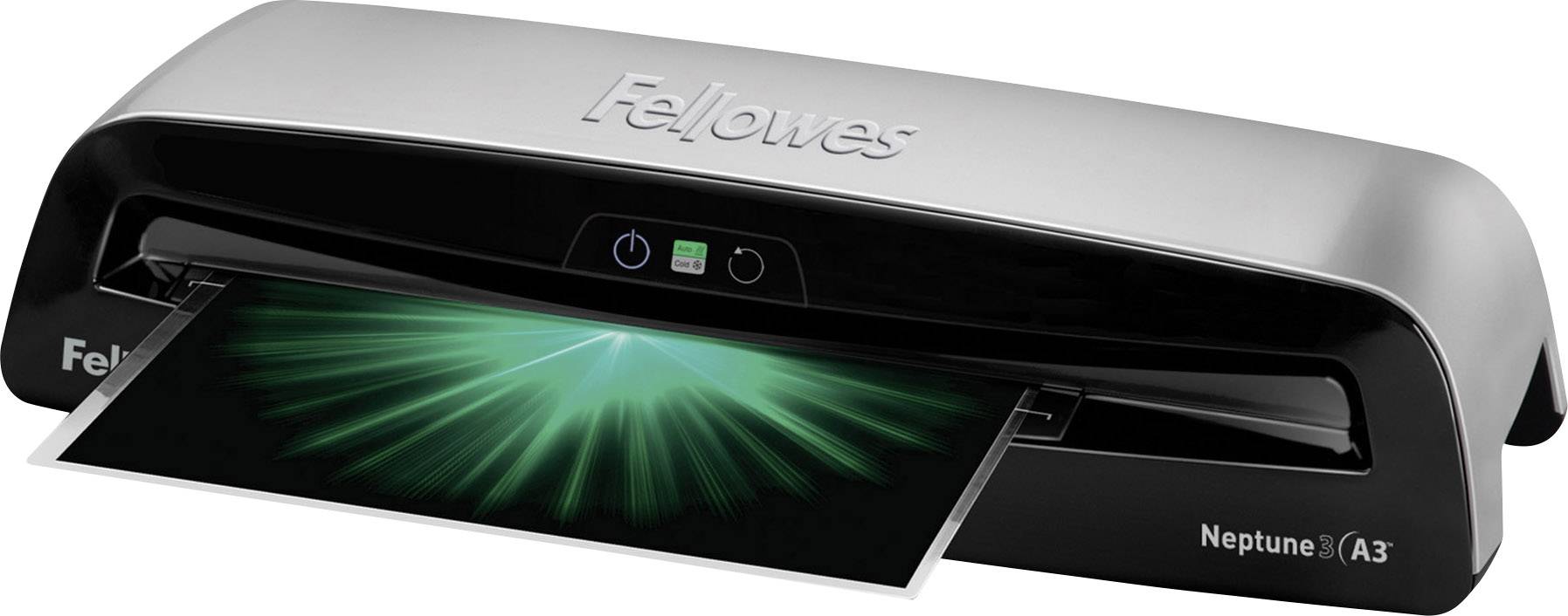 Laminovací přístroj Fellowes Neptune 3 v akci, laminuje list formátu A3 ve svítivě zeleném designu.