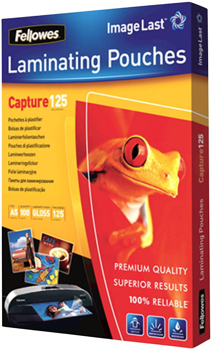 Obal pro laminovací fólie Fellowes, model 'Capture125'. Obsahuje 100 lesklých fólií formátu A5, propagovaných sloganem 'Prémiová kvalita, vynikající výsledky'. Na přední straně obrázek žáby.