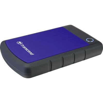 Externí přenosný pevný disk v modré a černé barvě s logem Transcend, používaný pro ukládání a zálohování dat.