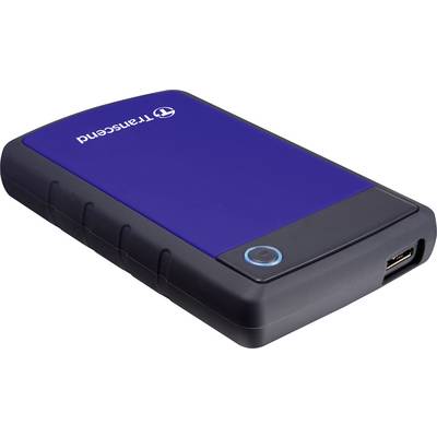 Externí pevný disk v modrém pouzdře, označený nápisem 'Transcend'.