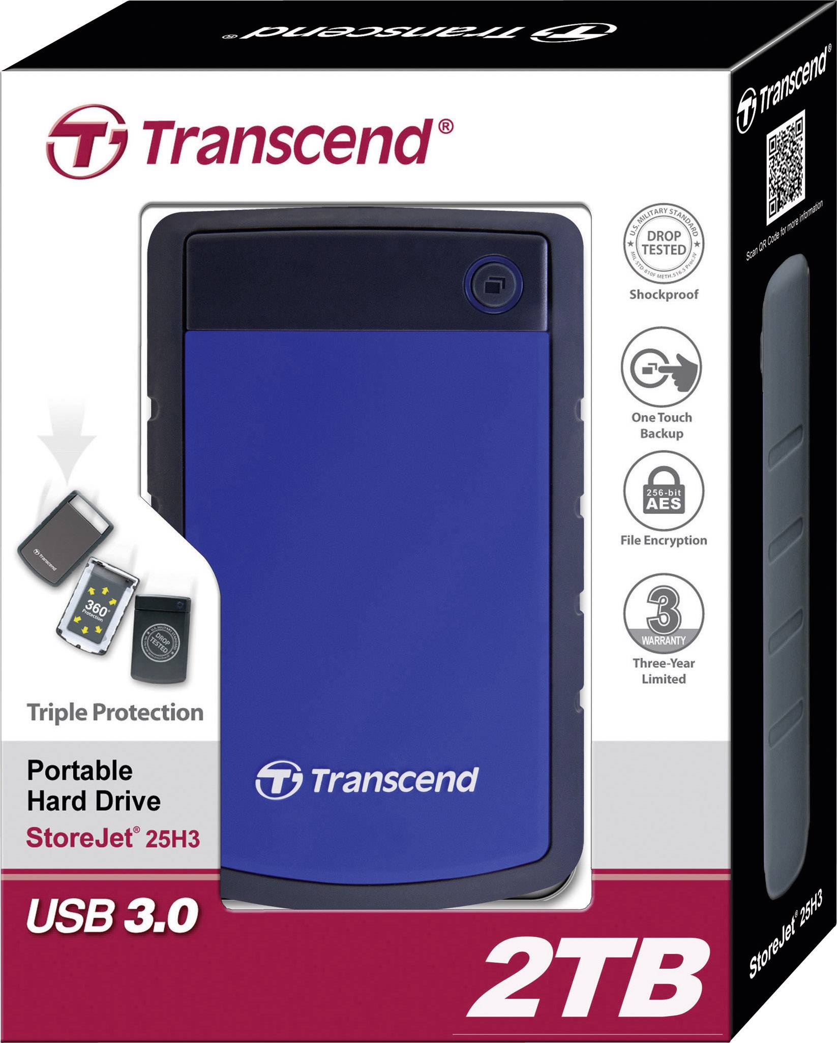 Externí pevný disk Transcend StoreJet 25H3 s kapacitou 2 TB, USB 3.0, nárazuvzdorný, šifrovaný, trojitá ochrana.