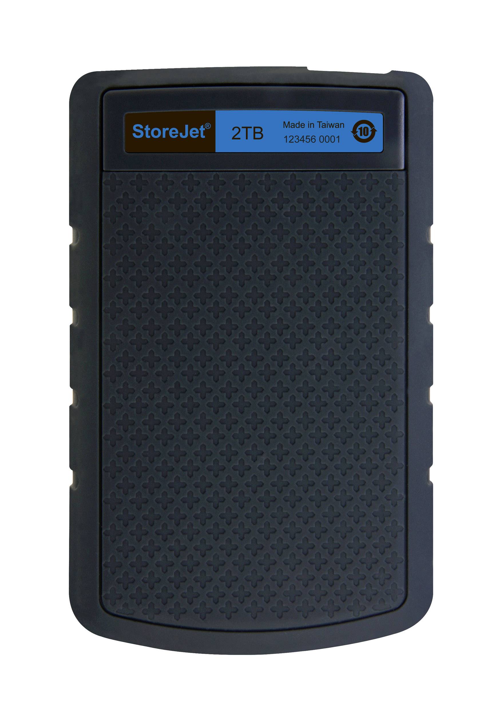 Externí pevný disk 'StoreJet' s černým tělem, modrým štítkem nahoře. Kapacita: 2 TB. Číslo modelu: 123456 0001.