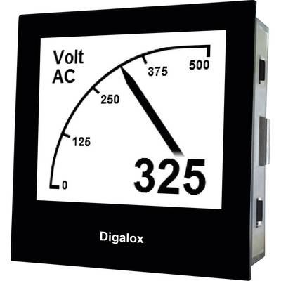 Digitální displej s ručkou ukazující na 325 voltů střídavého proudu. Stupnice sahá od 0 do 500 voltů. Pod tím je nápis 'Digalox'.