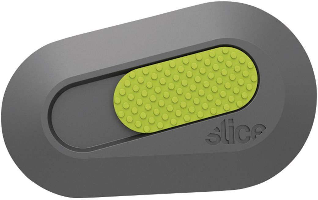 "Šedý, oválný plastový jezdec s zeleným vroubkovaným vložkou, označený nápisem „slice"."