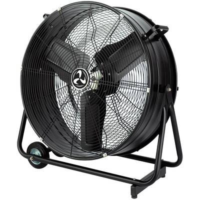 Velký černý ventilátor se třemi lopatkami na podstavci s kolečky.